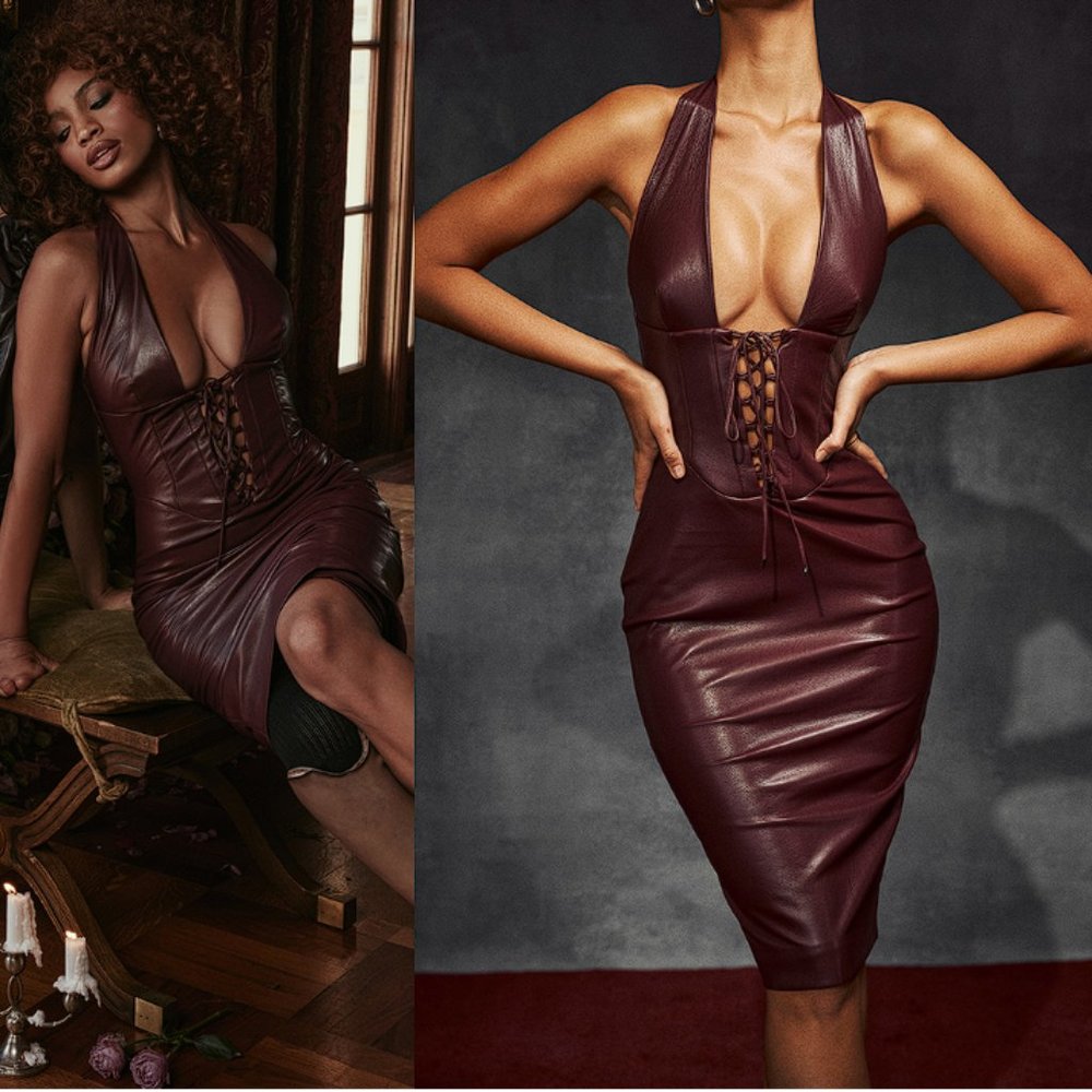 HOUSE OF CB 'Jaquetta' Wine Vegan Leather Midi Dress NWOT